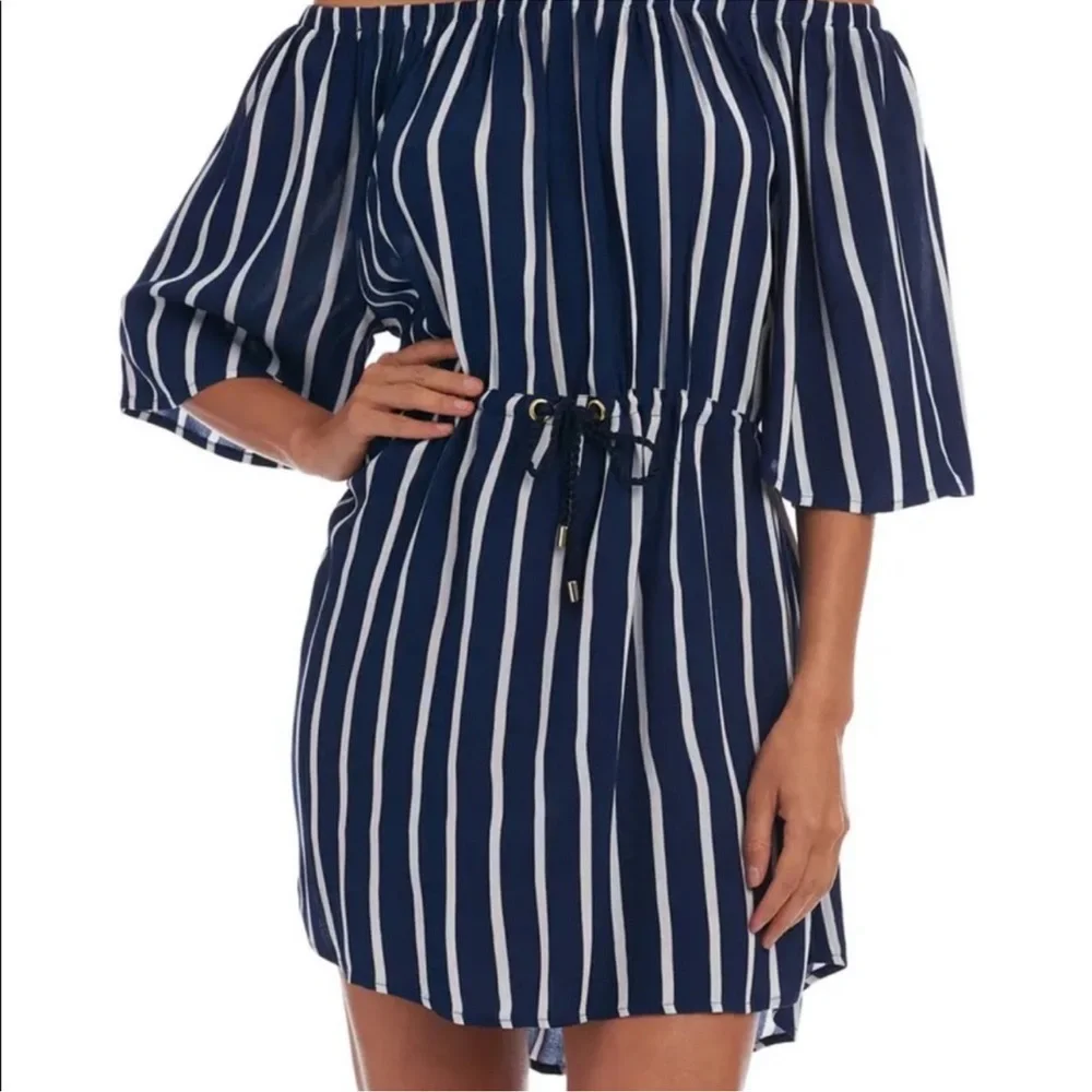 La Blanca Navy Striped Off The Shoulder Coverup NWT Size XS